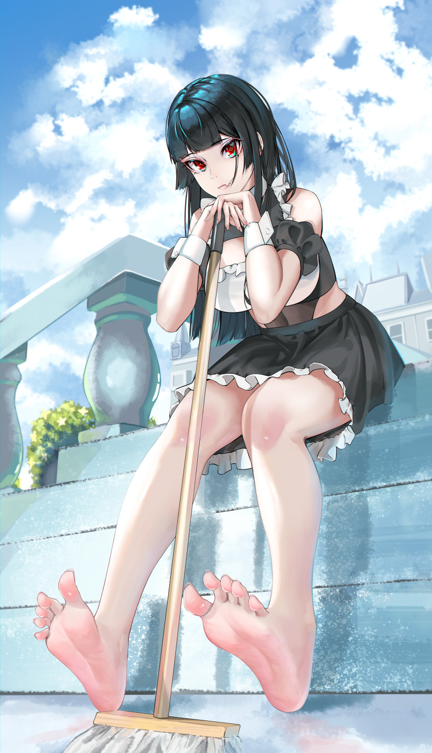 1girl absurdres barefoot black_hair broom feet highres long_hair looking_at_viewer maid red_eyes sitting sitting_on_stairs soles stairs suou_makoto toes