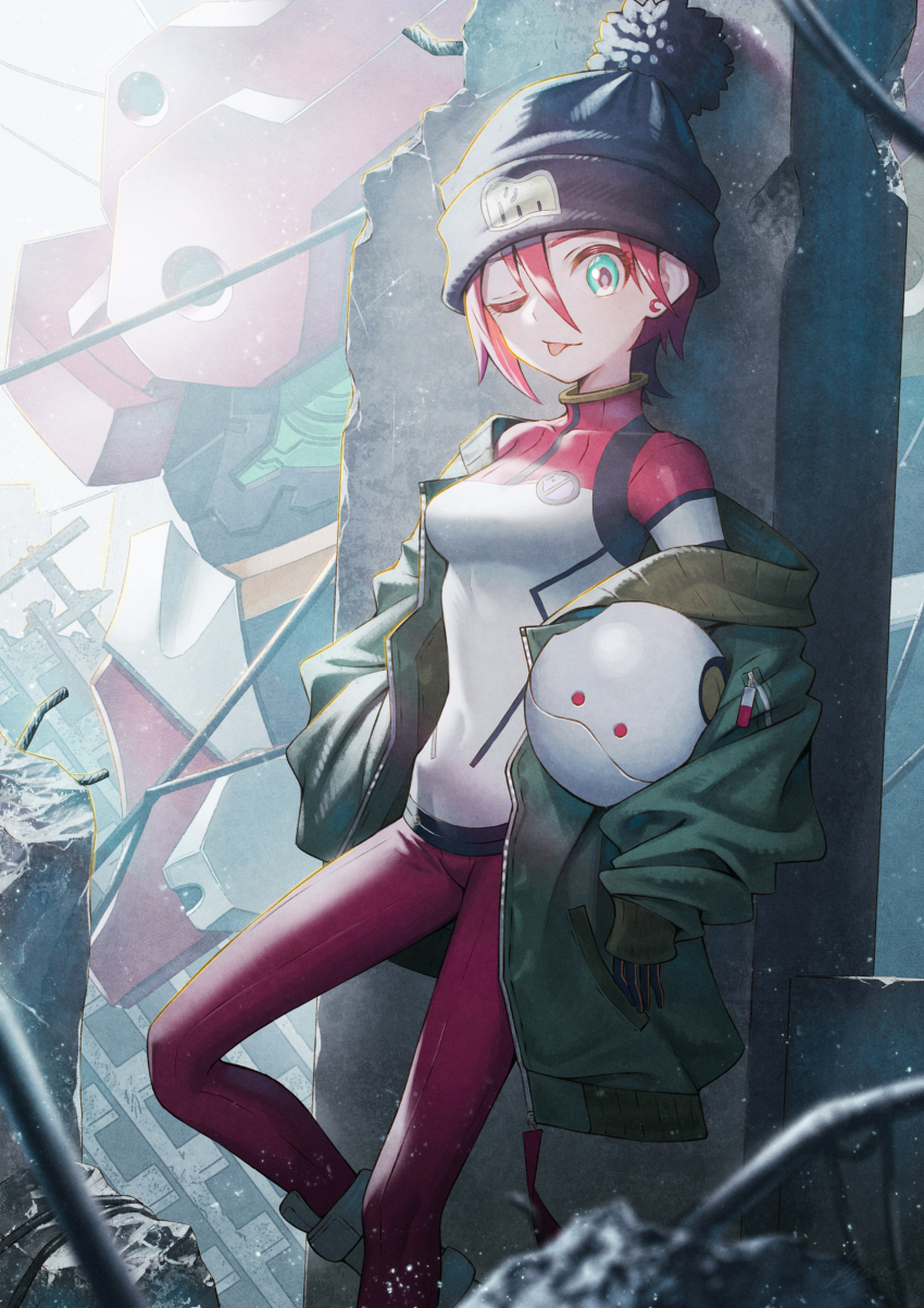 1girl absurdres against_wall amate_yuzuriha aqua_eyes beanie black_gloves blue_eyes breasts coat commentary_request cowboy_shot gloves gquuuuuux green_coat gundam gundam_gquuuuuux hat highres leaning looking_at_viewer mecha_pilot_suit off_shoulder one_eye_closed open_clothes open_coat outdoors pom_pom_(clothes) pom_pom_beanie red_hair ruins sho_(sumika) short_hair small_breasts solo tongue tongue_out