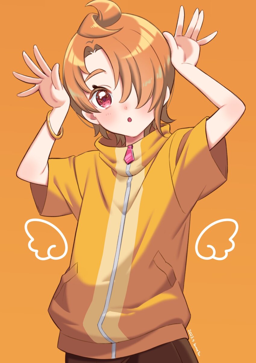 1boy blush bun_(jewd5385) drawn_wings hair_over_one_eye highres hirogaru_sky!_precure jacket long_bangs male_focus open_mouth orange_background orange_hair precure red_eyes short_sleeves simple_background solo trap yellow_jacket yuunagi_tsubasa zipper