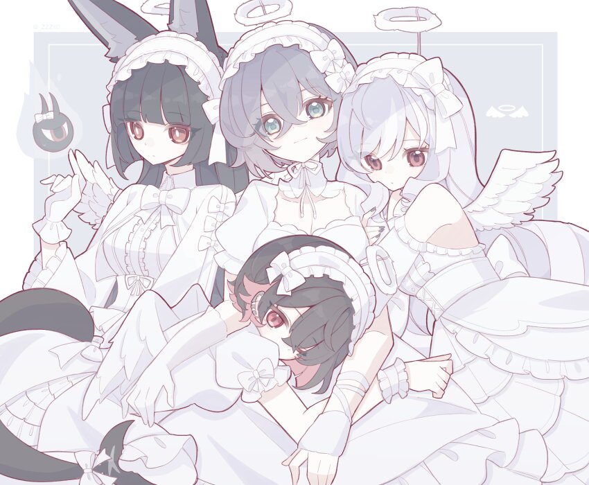 4girls absurdres animal_ears belle_(zenless_zone_zero) blue_eyes blue_hair bow bowtie crossed_bangs dress elbow_gloves ellen_joe fake_wings fins fish_tail fox_ears fox_girl frilled_wristband gloves green_eyes highres hoshimi_miyabi long_hair lying_on_lap multiple_girls official_alternate_costume purple_hair red_eyes shark_girl shark_tail smile tail tailless_(zenless_zone_zero) vivian_banshee white_bow white_bowtie white_dress white_gloves white_headdress white_wings wings zenless_zone_zero zzzii0
