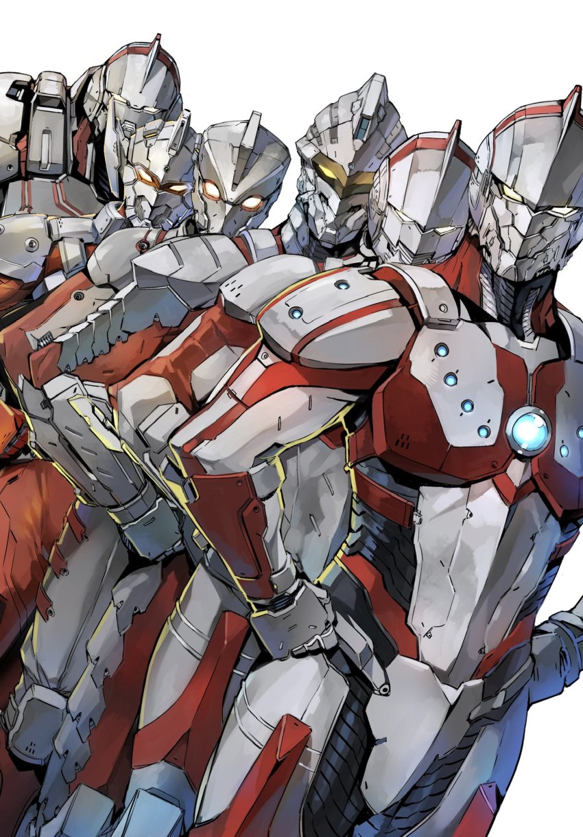 6+boys armor clenched_hands hands_on_own_hips highres looking_at_viewer male_focus multiple_boys official_art power_armor return_of_ultraman science_fiction shimizu_eiichi shimoguchi_tomohiro tsuburaya_productions ultra_series ultraman ultraman_(hero&#039;s_comics) ultraman_ace ultraman_jack ultraman_suit_(hero&#039;s_comics) ultraman_tarou ultraseven visor white_background white_eyes zoffy_(shin)