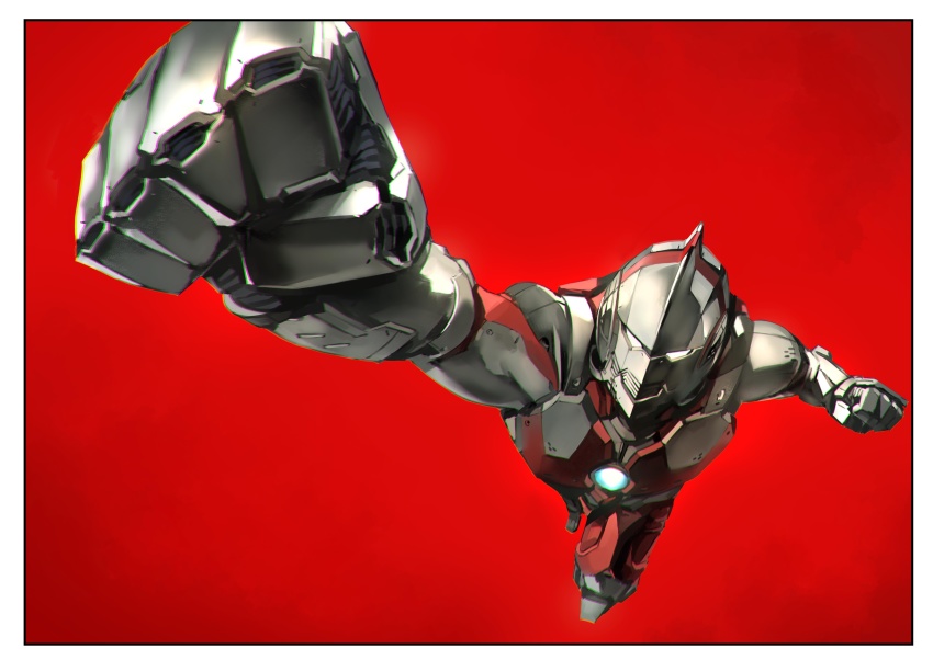 1boy absurdres armor clenched_hands flying highres knee_up looking_at_viewer male_focus official_art orb outside_border power_armor power_suit red_armor red_background shimizu_eiichi shimoguchi_tomohiro ultra_series ultraman ultraman_(hero&#039;s_comics) ultraman_suit_(hero&#039;s_comics) yellow_eyes