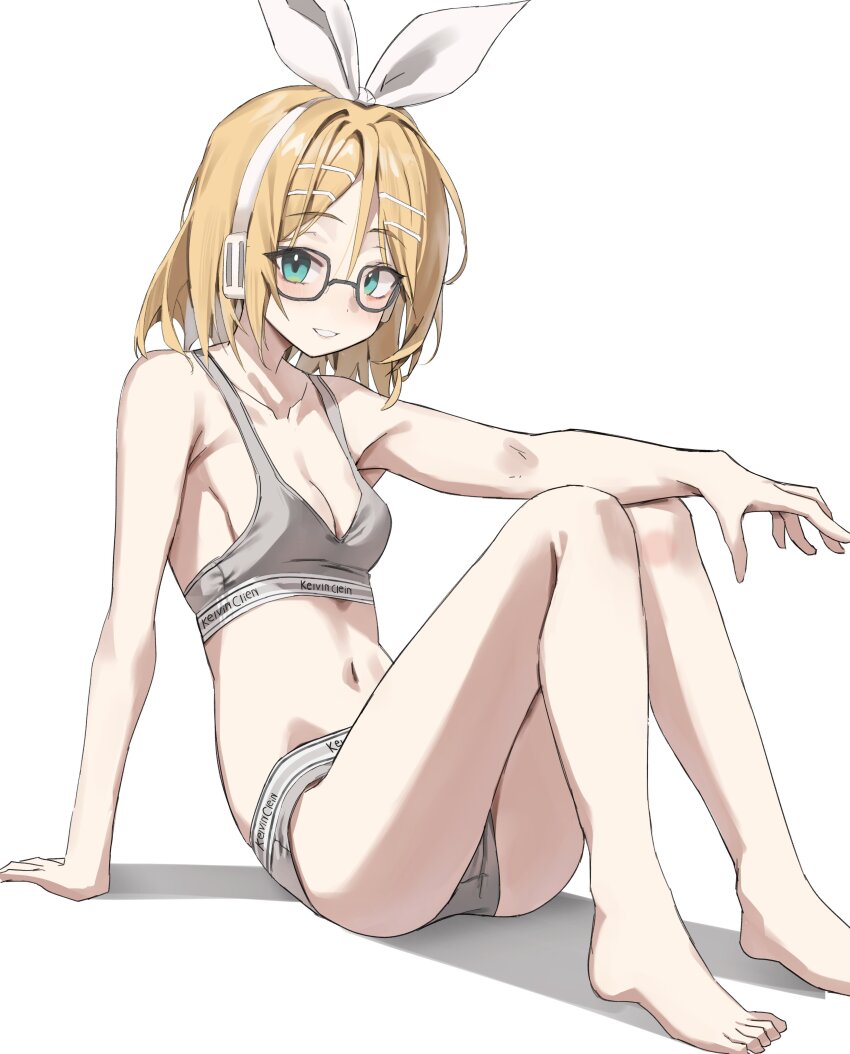 1girl absurdres aqua_eyes barefoot blonde_hair bow brand_name_imitation breasts calvin_klein clothes_writing commentary from_side grey_panties grey_sports_bra hair_ornament hairclip hand_on_own_knee highres kagamine_rin knees_up looking_at_viewer looking_to_the_side open_mouth panties scarlet_(wv0102) short_hair sitting solo sports_bra sports_panties stomach symbol-only_commentary tattoo underwear underwear_only underwear_writing vocaloid white_bow