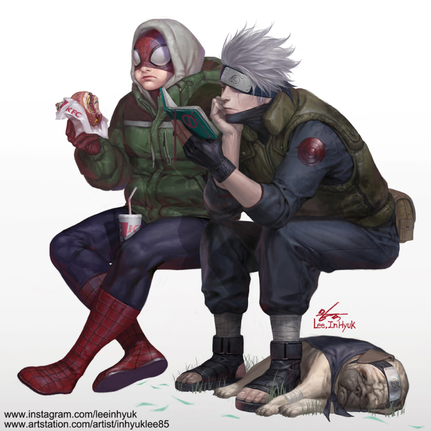 artist_name black_gloves blouse blue_shirt book burger covered_eyes crossover dog drink drinking_straw eating fingerless_gloves food forehead_protector full_body gloves grass hatake_kakashi head_rest headband hood in-hyuk_lee invisible_chair jacket kfc marvel muscular naruto_(classic) naruto_(series) one_eye_covered open_book pakkun_(naruto) pouch reading realistic sandwich scar scar_across_eye scar_on_face shirt shoes signature silver_hair simple_background sitting sleeping spider-man spider-man_(series) superhero_costume toeless_footwear vest watermark web_address white_background