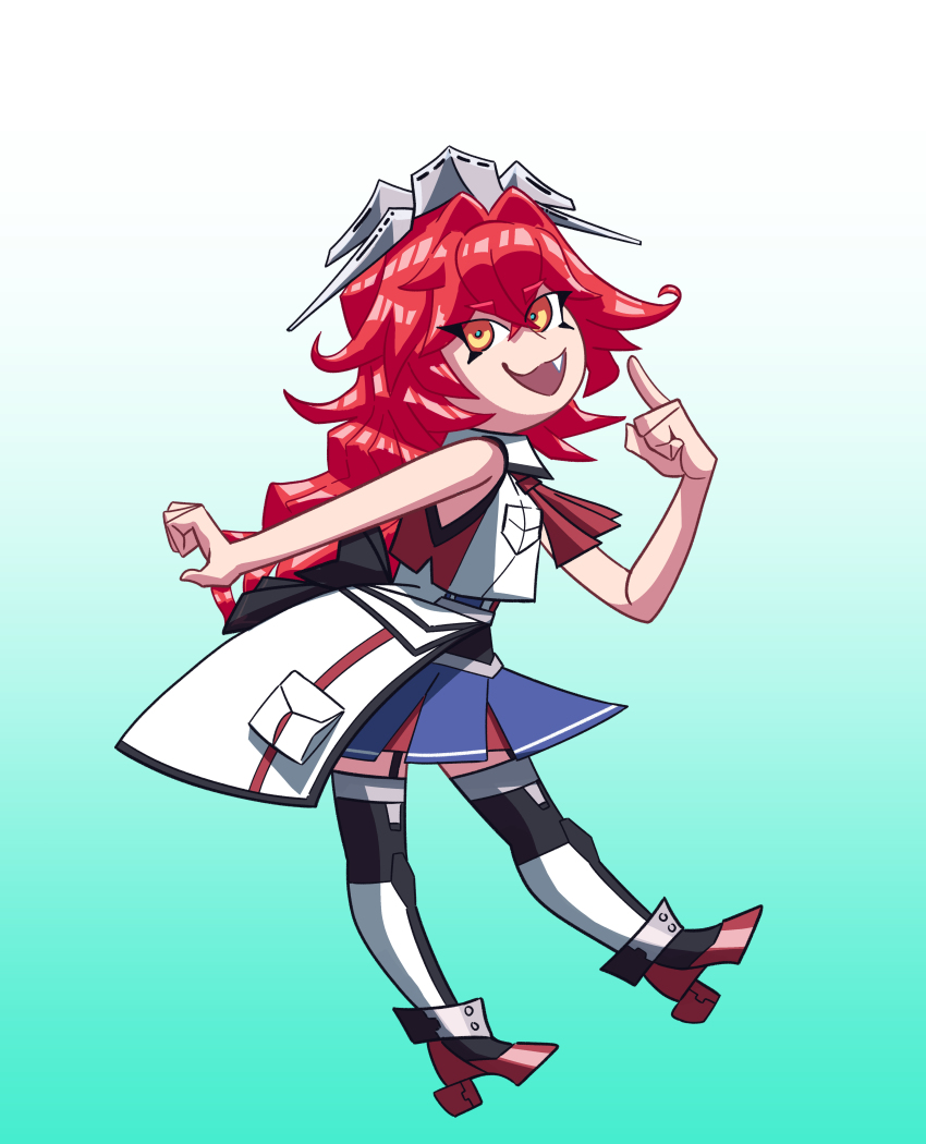 1girl absurdres ascot black_garter_straps blue_skirt boots fang garter_straps hair_between_eyes headgear highres kantai_collection long_hair miniskirt orange_eyes phoenix_(kancolle) red_ascot red_hair ron_(pixiv83091338) skirt sleeveless solo thigh_boots toon_(style) very_long_hair white_overskirt