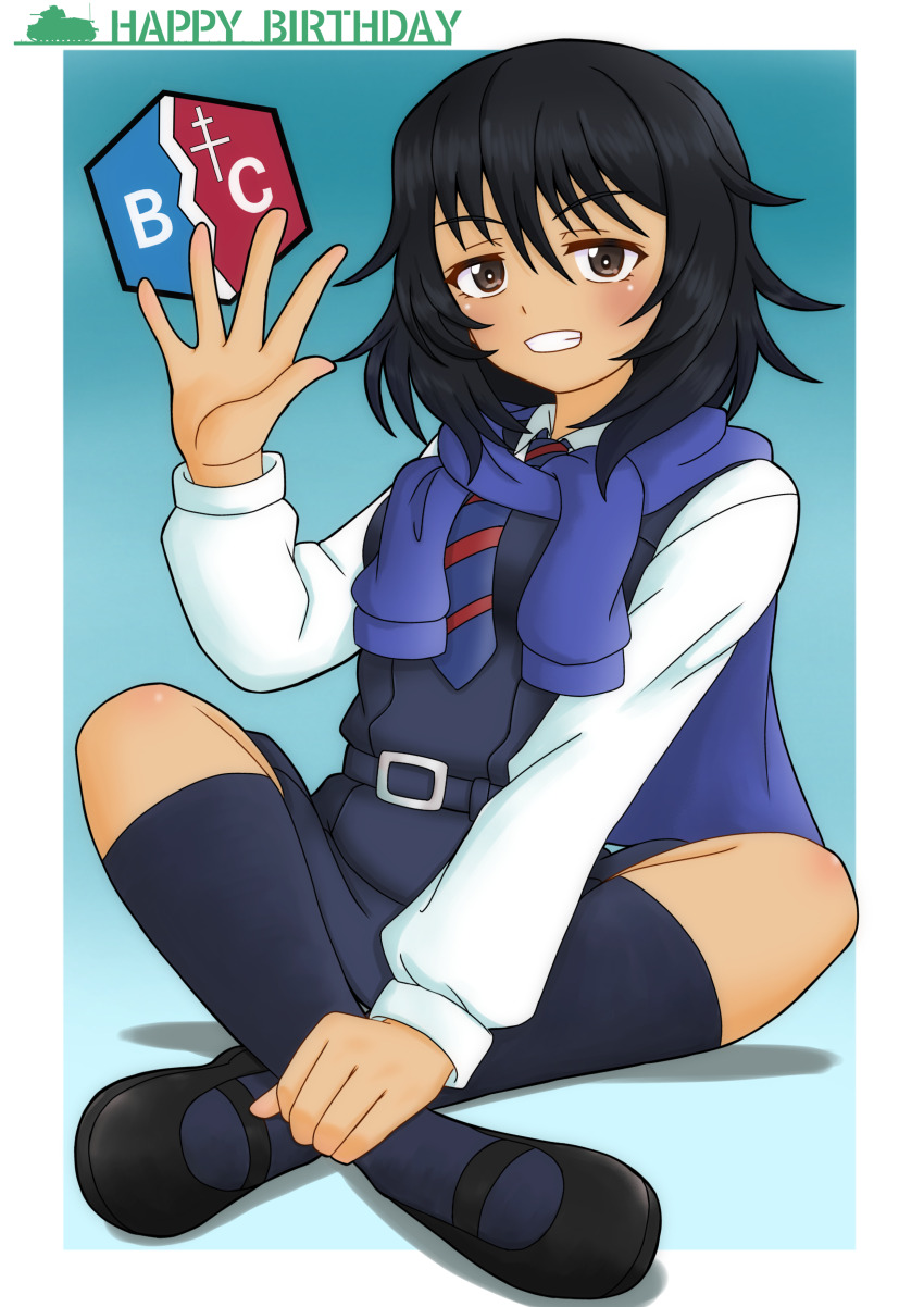 1girl absurdres amanone_yun andou_(girls_und_panzer) bc_freedom_school_uniform belt belt_buckle black_belt black_hair black_shoes black_skirt black_socks black_vest blue_jacket brown_eyes buckle crossed_legs dark-skinned_female dark_skin diagonal-striped_clothes diagonal-striped_necktie girls_und_panzer highres jacket kneehighs long_sleeves necktie school_uniform shirt shoes sitting skirt smile socks striped_clothes tied_jacket vest waving white_shirt