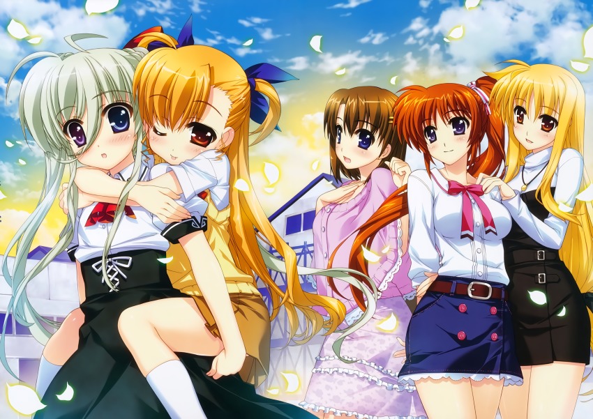 5girls blonde_hair blouse blue_eyes blush brown_hair carrying cloud couple einhard_stratos fate_testarossa flower fujima_takuya green_hair hair_ornament happy heterochromia highres long_hair lyrical_nanoha mahou_shoujo_lyrical_nanoha mahou_shoujo_lyrical_nanoha_vivid multiple_girls official_art open_mouth petals purple_eyes red_eyes ribbon shirt side_ponytail skirt sky smile surprised takamachi_nanoha thighs tongue very_long_hair vivio yagami_hayate yuri