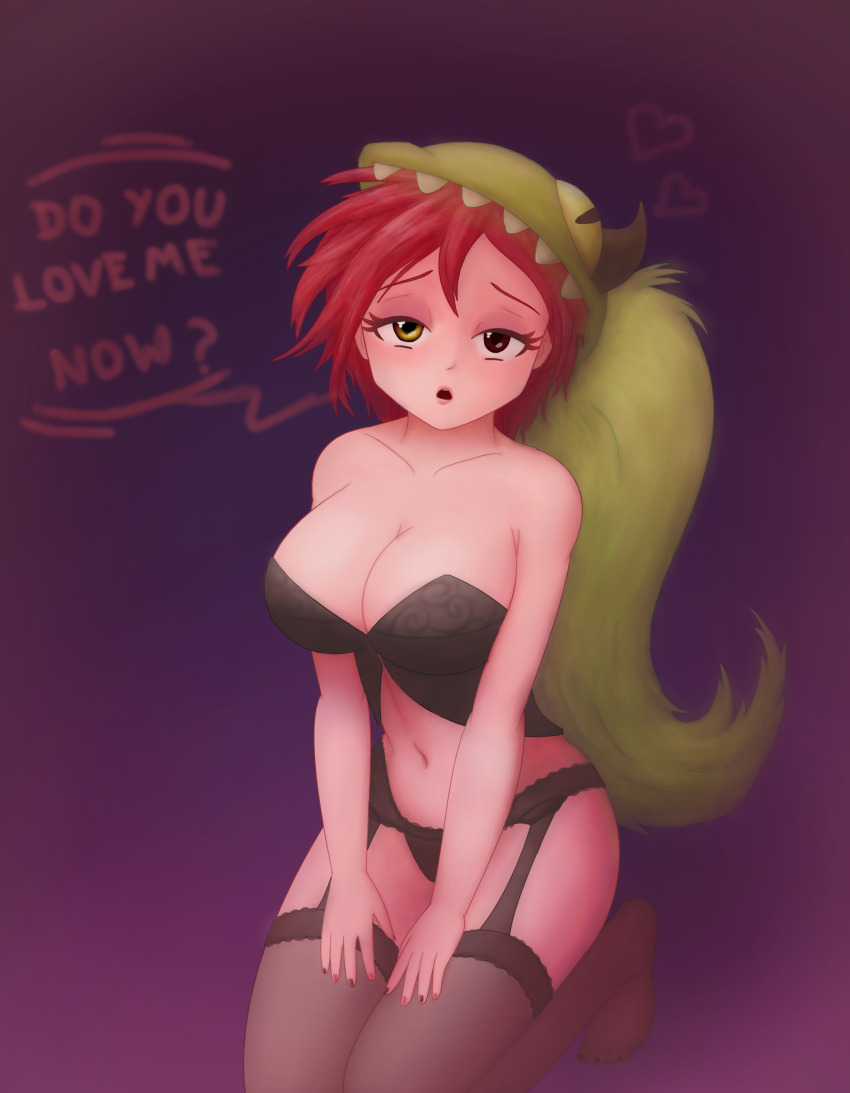 1girl :o abstract_background absurdres animal_hood asymmetrical_clothes bare_shoulders bent_over black_lingerie black_nails breasts cartoon_network cleavage defeated_expression demencia dialogue_box female_focus green_hair half-closed_eyes hands_on_thighs heterochromia highres hood kneeling large_breasts lingerie long_hair open_mouth pale_skin pink_nails purple_background red_eyes red_hair saf-404 seductive_smile short_hair smile solo thighhighs underwear very_long_hair villainous yellow_eyes