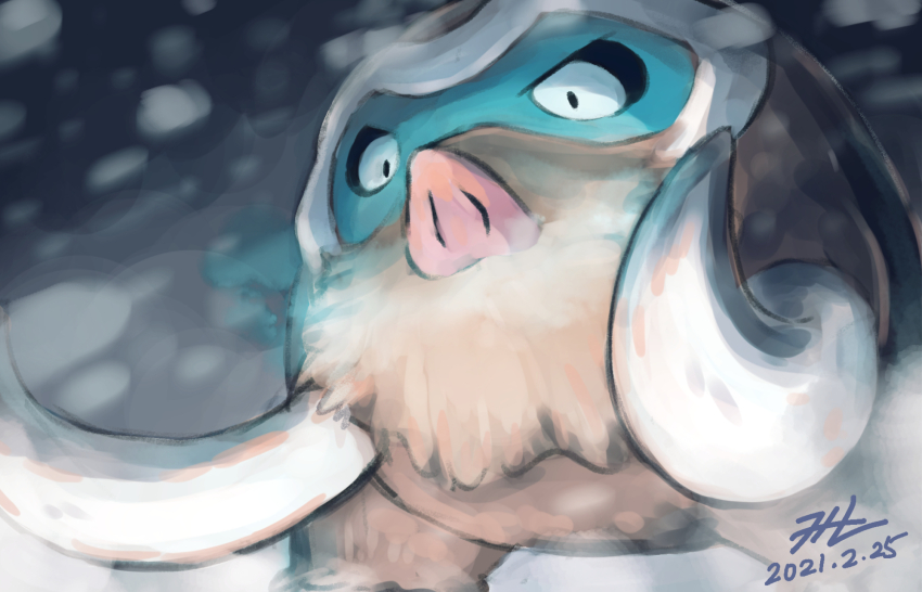 commentary_request dated gen_4_pokemon highres looking_ahead mamoswine nintendo no_humans null_suke one-hour_drawing_challenge pokemon pokemon_(creature) signature snow standing tusks
