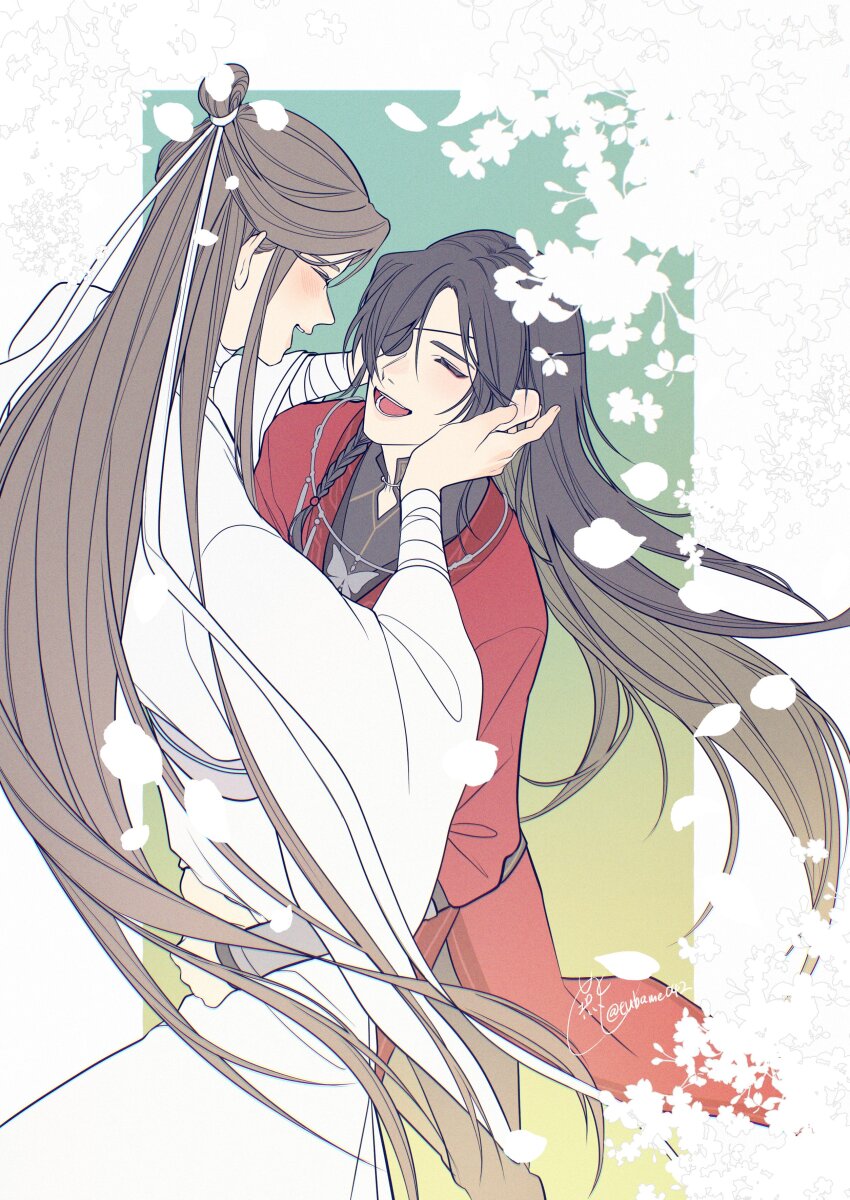 2boys absurdres bandaged_arm bandaged_neck bandages bishounen black_hair blush braid brown_hair butterfly_necklace carrying carrying_person cherry_blossoms chinese_clothes closed_eyes eyepatch falling_petals flower hair_bun hair_ribbon hands_on_another&#039;s_face hanfu highres hua_cheng jewelry long_hair long_sleeves male_focus multiple_boys necklace one_eye_covered open_mouth petals red_hanfu ribbon robe side_braid signature single_braid single_hair_bun smile tianguan_cifu tsubame-shi_(tubame) twitter_username very_long_hair white_flower white_hanfu white_petals white_ribbon wide_sleeves xie_lian yaoi