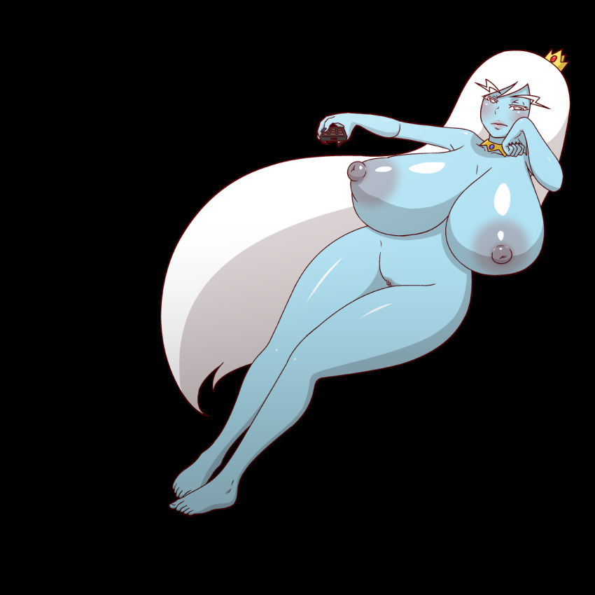 1girl adventure_time blue_skin breasts colored_skin completely_nude feet female_focus full_body highres huge_breasts ice_queen_(adventure_time) jewelry looking_at_viewer matching_hair/eyes mike_inel nail_polish necklace nude pussy remote solo tiara uncensored white_eyes white_hair