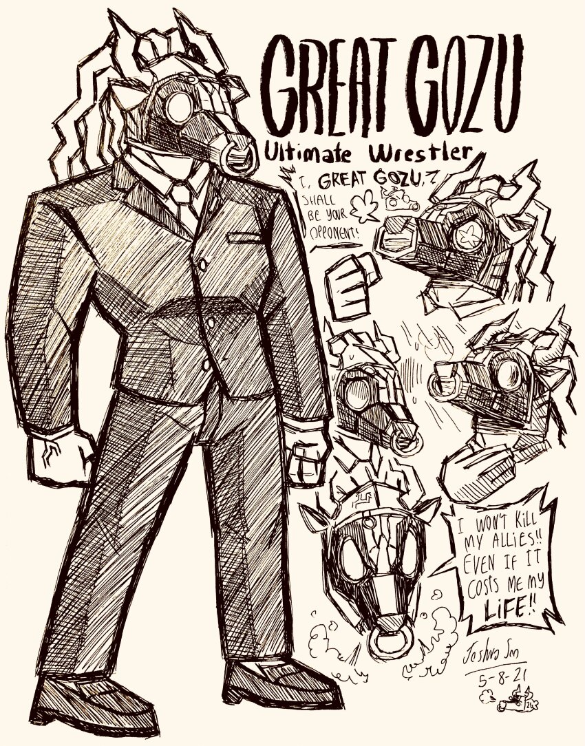 1boy absurdres buttons character_name clenched_hands collared_jacket collared_shirt commentary covered_face danganronpa_(series) danganronpa_3_(anime) dated doodle_inset english_commentary english_text face_piercing fake_horns formal_clothes full_body great_gozu greyscale hatching_(texture) highres horns jacket josh-s26 long_hair long_sleeves male_focus mask monochrome multiple_views muscular muscular_male necktie nose_piercing nose_ring pants piercing shirt shoes signature simple_background speech_bubble standing suit veins white_background