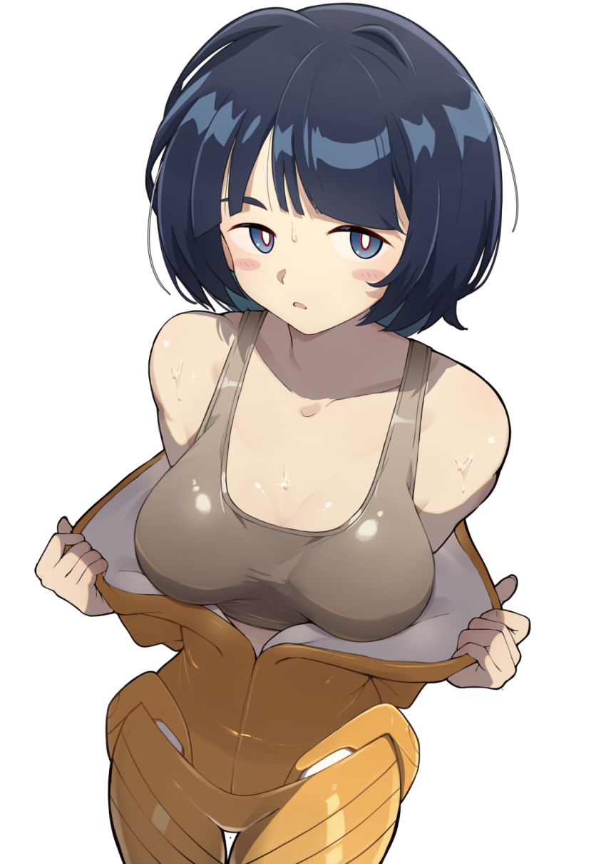 1girl bare_shoulders black_hair blue_eyes blush_stickers bob_cut bodysuit bright_pupils brown_sports_bra collarbone commentary_request gundam gundam_gquuuuuux highres looking_at_viewer mashiroshiro open_bodysuit open_clothes open_mouth opened_by_self shiiko_sugai short_hair simple_background solo sports_bra sweat white_background white_pupils yellow_bodysuit