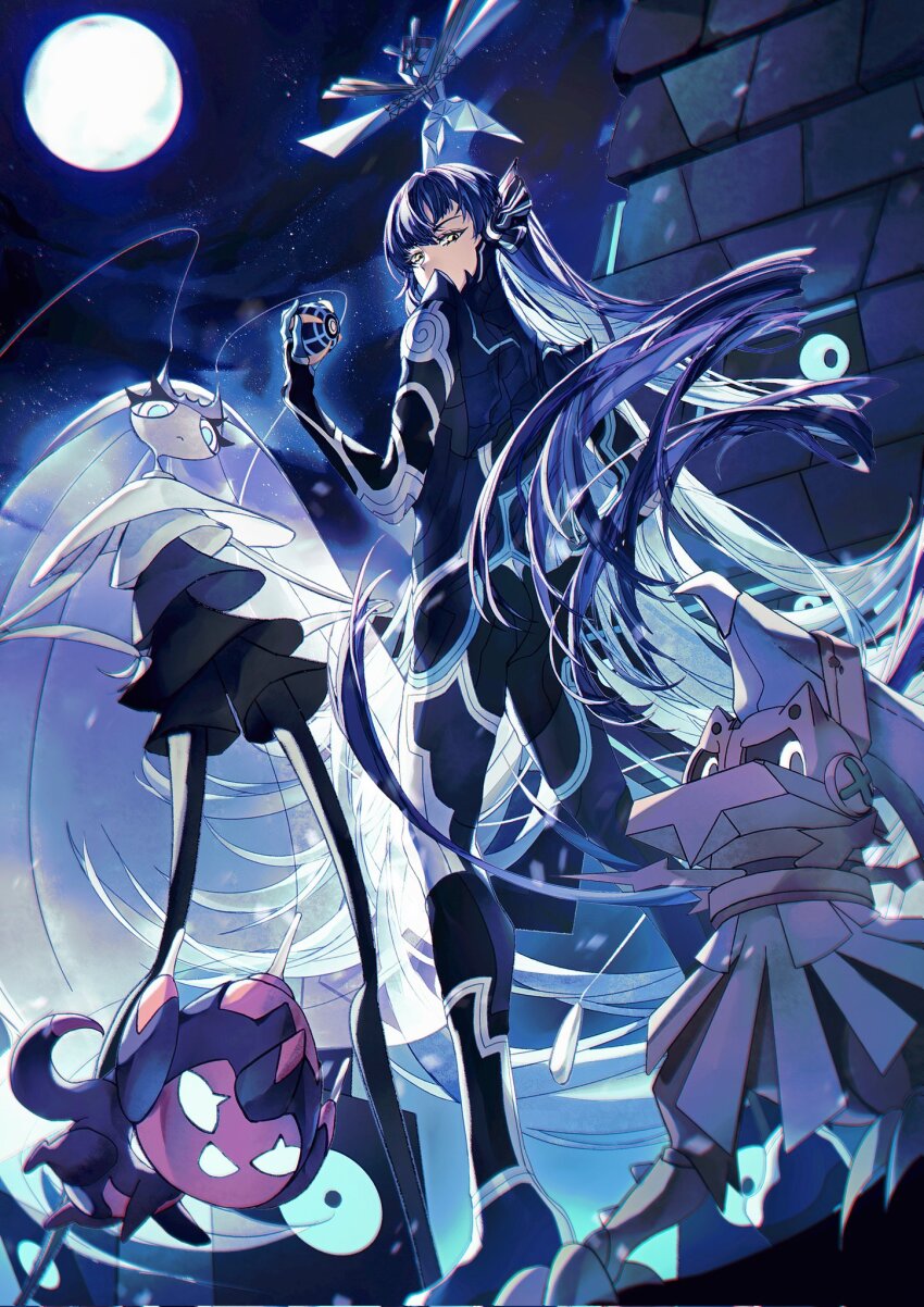 1boy 5others antennae beast_ball blue_eyes blue_hair bodysuit commentary from_below full_moon gen_7_pokemon hashtag-only_commentary highres holding holding_poke_ball kartana legendary_pokemon long_hair long_legs looking_at_viewer moon multiple_others night night_sky nintendo one-eyed outdoors pheromosa poipole poke_ball pokemon pokemon_(creature) protagonist_(smtv) shin_megami_tensei shin_megami_tensei_v shin_megami_tensei_v:_vengeance sky solid_eyes stakataka star_(sky) stinger tail type:_null ultra_beast very_long_hair white_eyes white_yinghai yellow_eyes