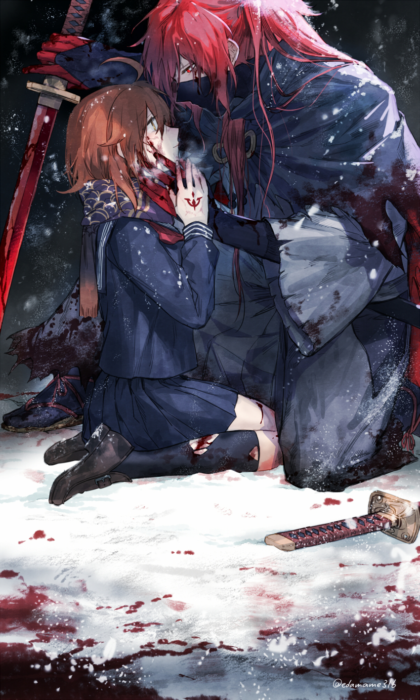 1boy 1girl blood blood_on_clothes blood_on_face covered_mouth edamameoishii eye_contact fate/grand_order fate_(series) fujimaru_ritsuka_(female) hand_on_another&#039;s_face hand_on_another&#039;s_hand hand_tattoo highres holding holding_sword holding_weapon kneeling long_hair looking_at_another official_alternate_costume okada_izou_(fate) okada_izou_(second_ascension)_(fate) on_ground orange_eyes orange_hair outdoors red_eyes red_hair scarf school_uniform short_hair snow snowing sword tattoo torn_clothes torn_socks weapon