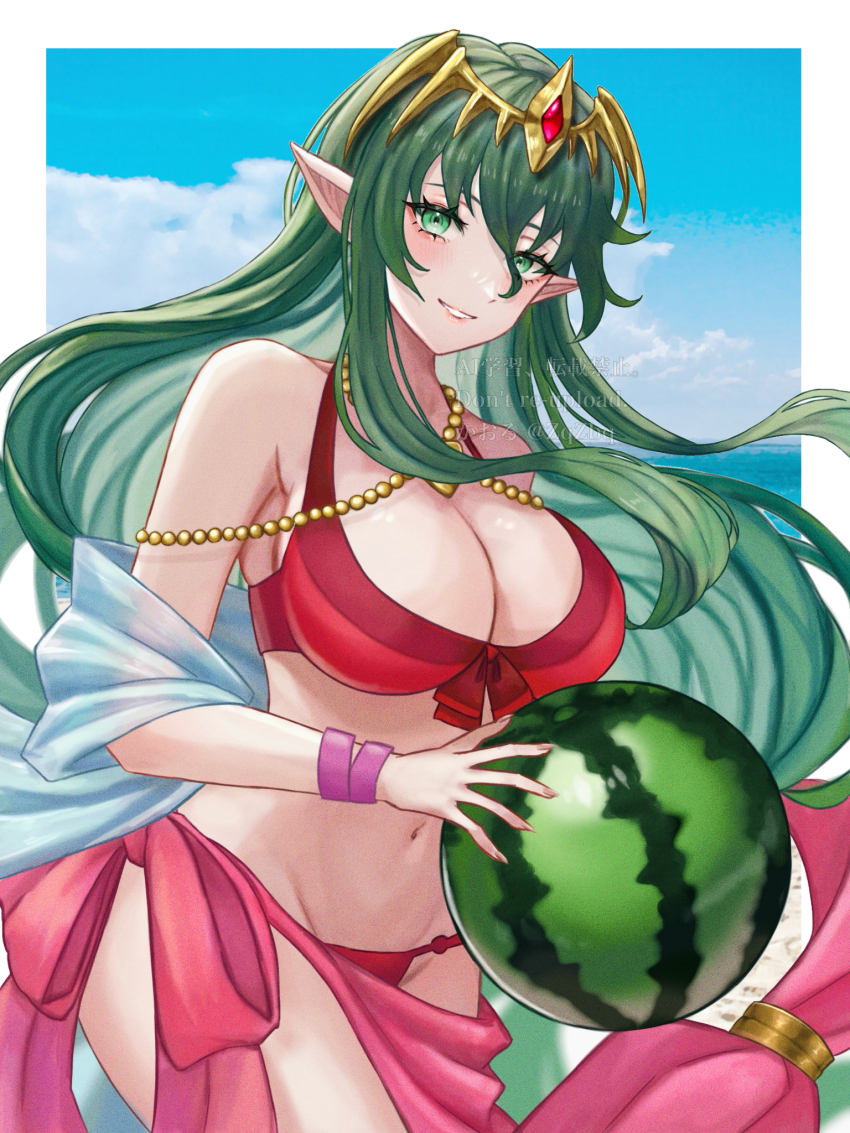 1girl alternate_costume ball bare_shoulders beachball bikini blue_sky blush border breasts cleavage cosplay cowboy_shot day fire_emblem fire_emblem:_shadow_dragon fire_emblem_heroes green_eyes green_hair hair_between_eyes highres large_breasts long_hair looking_at_viewer nagi_(fire_emblem) navel nintendo outdoors outside_border parted_lips pointy_ears red_bikini sarong sky smile solo swimsuit tiara tiki_(adult)_(fire_emblem) tiki_(adult)_(fire_emblem)_(cosplay) tiki_(fire_emblem) very_long_hair white_border wristband zqzbq