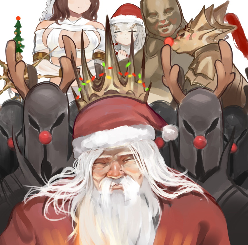 2girls 4boys 6+others :3 alternate_costume anger_vein antlers beard black_knight_(dark_souls) breasts brown_hair christmas christmas_tree_hat closed_eyes closed_mouth commentary cosplay crown dark_souls_(series) dark_souls_i dark_sun_gwyndolin deer_antlers dokomon dragon_slayer_ornstein executioner_smough facial_hair fake_antlers father_and_daughter father_and_son fur-trimmed_headwear fur_trim grey_hair gwyn_lord_of_sunlight hat head_out_of_frame helmet highres horns knight large_breasts long_hair multiple_boys multiple_girls multiple_others mustache old old_man pom_pom_(clothes) priscilla_the_crossbreed queen_of_sunlight_gwynevere red_hat red_nose rudolph_the_red_nosed_reindeer rudolph_the_red_nosed_reindeer_(cosplay) santa_costume santa_hat simple_background smile upper_body white_background white_facial_hair