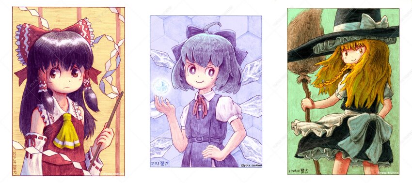 3girls apron bare_shoulders black_dress black_hair black_hat blonde_hair blue_background blue_bow blue_dress blue_hair border bow braid broom cirno detached_sleeves dress expressionless frilled_apron frilled_bow frills from_behind gohei hair_bow hair_tubes hakurei_reimu hand_on_own_hip hat highres holding holding_broom holding_gohei honeycomb_(pattern) honeycomb_background ice ice_wings iqra kirisame_marisa long_hair looking_at_viewer looking_back multiple_girls neck_ribbon nontraditional_miko puffy_short_sleeves puffy_sleeves red_bow red_ribbon ribbon ribbon-trimmed_sleeves ribbon_trim short_hair short_sleeves side_braid sidelocks sleeveless smile touhou white_apron white_border wings witch witch_hat yellow_eyes