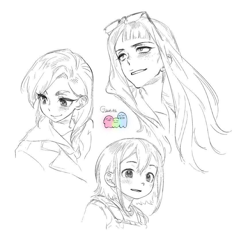 3girls artist_name asakusa_midori asymmetrical_bangs blush commentary crosshatching eizouken_ni_wa_te_wo_dasu_na! eyewear_on_head freckles goblet_42 hatching_(texture) highres kanamori_sayaka lineart long_hair mizusaki_tsubame multiple_girls school_uniform shibahama_high_school_uniform short_hair white_background