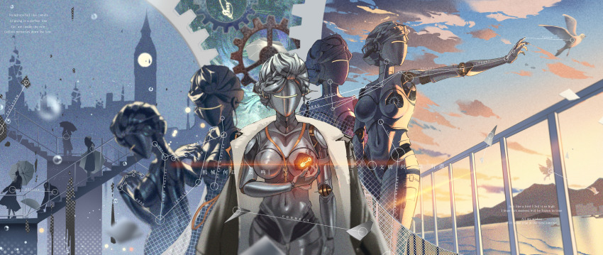 1girl absurdres bird black_coat blue_sky breasts building chinese_text cloud coat coat_on_shoulders english_text gears highres humanoid_robot joints key lanyard looking_to_the_side lucy_(reverse:1999) luojia_ying medium_breasts metal_hair metal_skin mountain multiple_views navel outstretched_arm people railing reverse:1999 robot robot_girl robot_joints sky upper_body