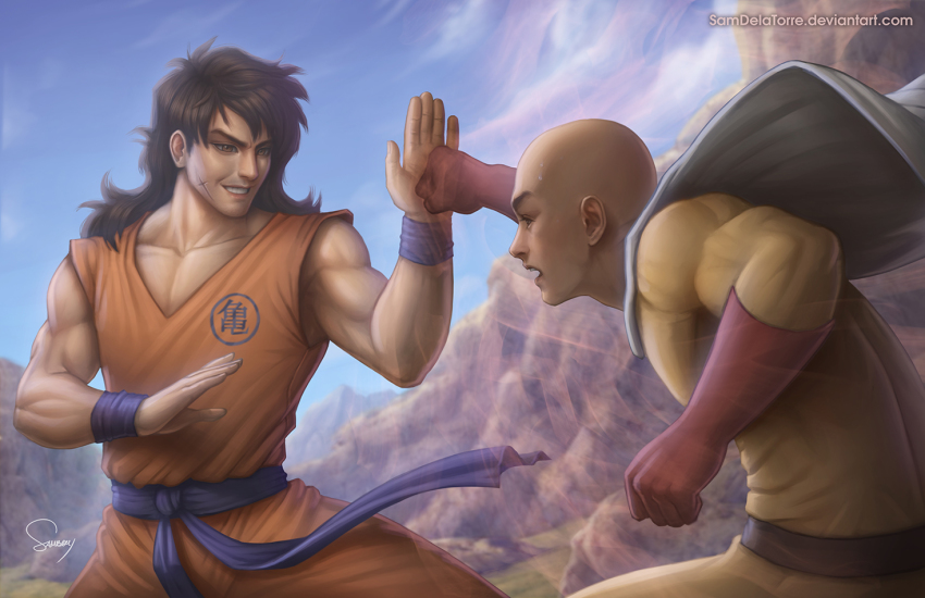 2boys bald black_hair blocking brown_eyes cape commentary crossover dragon_ball dragonball_z male_focus mountain multiple_boys one-punch_man punching realistic saitama_(one-punch_man) sam_delatore scar smile surprised yamcha
