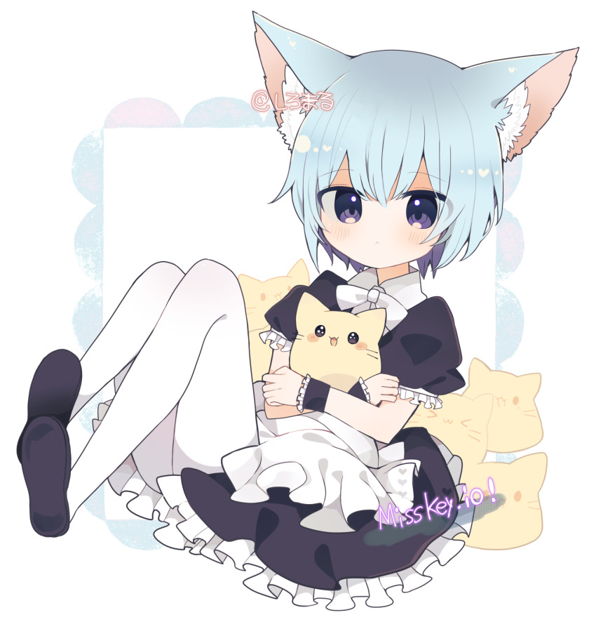 1boy animal_ear_fluff animal_ears black_footwear blob_(google) blobcat blue_hair blush cat cat_boy cat_ears closed_mouth commentary_request crossdressing crossdressing_(mtf) full_body highres looking_at_viewer maid misskey.io murakami-san_(misskey.io) ovoip pantyhose purple_eyes short_hair solo trap white_pantyhose