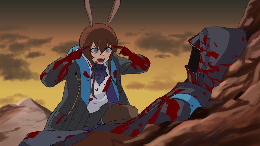 1girl 1other amiya_(arknights) animal_ears arknights black_jacket blood blood_on_clothes blue_eyes brown_hair columbia1893 doctor_(arknights) feet_out_of_frame hair_between_eyes highres hood hooded_jacket invincible_(series) jacket jewelry long_hair long_sleeves looking_at_another meme open_clothes open_jacket outdoors pantyhose parody pointing pointing_at_self rabbit_ears ring serious shirt sidelocks skirt think_mark_think!_(meme)