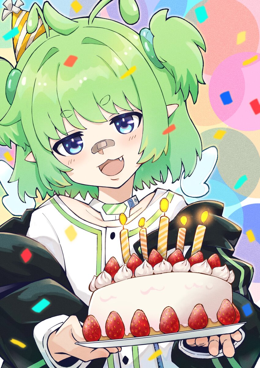 1girl absurdres ahoge antennae bandaid bandaid_on_face bandaid_on_nose birthday_cake blue_eyes cake candle ferumi_kaipa food green_hair hat highres holding holding_food indie_virtual_youtuber jacket kumoyufo open_clothes open_jacket open_mouth party_hat pointy_ears shirt smile two_side_up wings