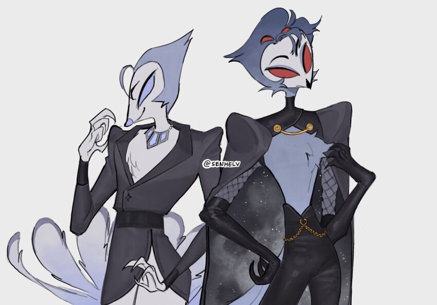2boys andrealphus_(helluva_boss) bird_boy black_suit blue_eyes blue_hair demon_boy feathers formal_clothes helluva_boss highres multiple_boys red_eyes senhelv stolas_(helluva_boss) suit