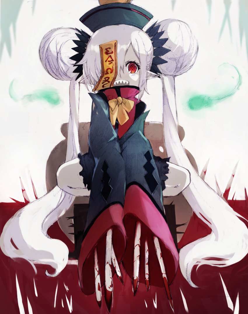 1girl blood claws death_princess_(disgaea) disgaea double_bun hair_bun hair_over_one_eye hat highres jiangshi kakuwashi long_hair looking_at_viewer makai_senki_disgaea_7 ofuda open_mouth pointy_ears qingdai_guanmao red_eyes sharp_teeth smile solo squatting teeth twintails very_long_hair white_hair wide_sleeves zombie_maiden_(disgaea)