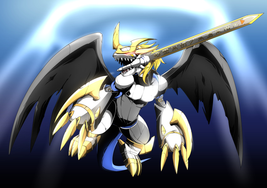 absurdres digimon digimon_(creature) highres imperialdramon imperialdramon_dragon_mode imperialdramon_paladin_mode sharp_teeth solo sword teeth weapon wings