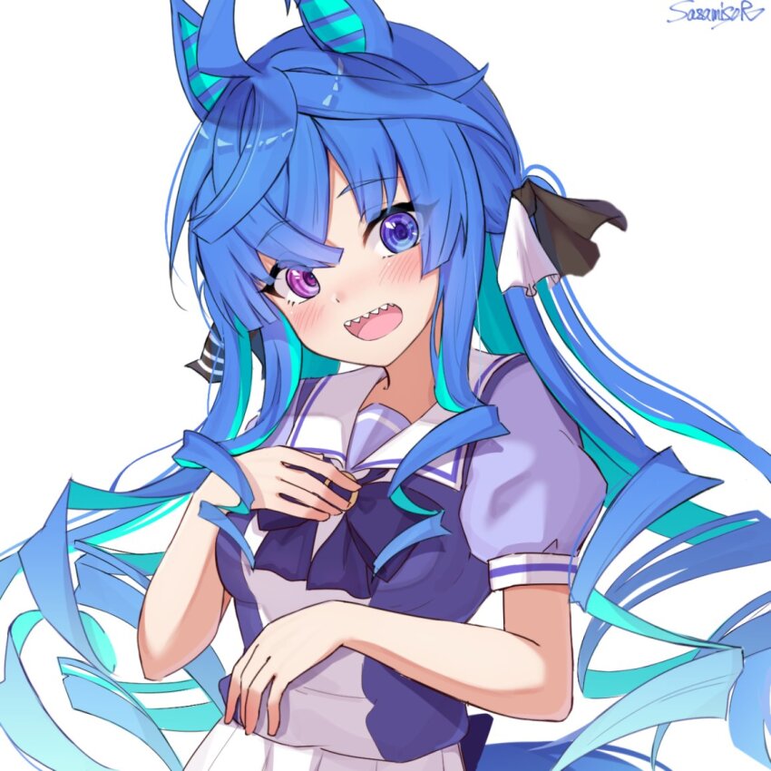1girl ahoge animal_ears aqua_hair artist_name blue_eyes blue_hair blush drill_hair hair_ribbon hand_on_own_chest heterochromia horse_ears horse_girl looking_at_viewer low_twintails multicolored_hair open_mouth pleated_skirt purple_eyes ribbon sailor_collar sazamiso_rx school_uniform serafuku sharp_teeth short_sleeves simple_background skirt smile solo teeth tracen_school_uniform twin_turbo_(umamusume) twintails two-tone_hair umamusume upper_body white_background white_skirt