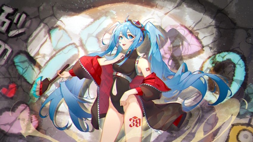 1girl :d absurdres ahoge bare_shoulders black_jacket black_leotard blue_eyes blue_hair breasts buckle clothing_cutout cowboy_shot goggles goggles_on_head graffiti hatsune_miku heart highleg highleg_leotard highres holding holding_paintbrush jacket leg_tattoo leotard long_hair looking_at_viewer magical_mirai_miku magical_mirai_miku_(2023) medium_breasts navel navel_cutout number_tattoo off_shoulder open_clothes open_jacket open_mouth paintbrush shoulder_tattoo smile solo tattoo twintails underbust unzipped very_long_hair vocaloid wall zipper zipper_pull_tab zuiai_gongzhu_dianxia