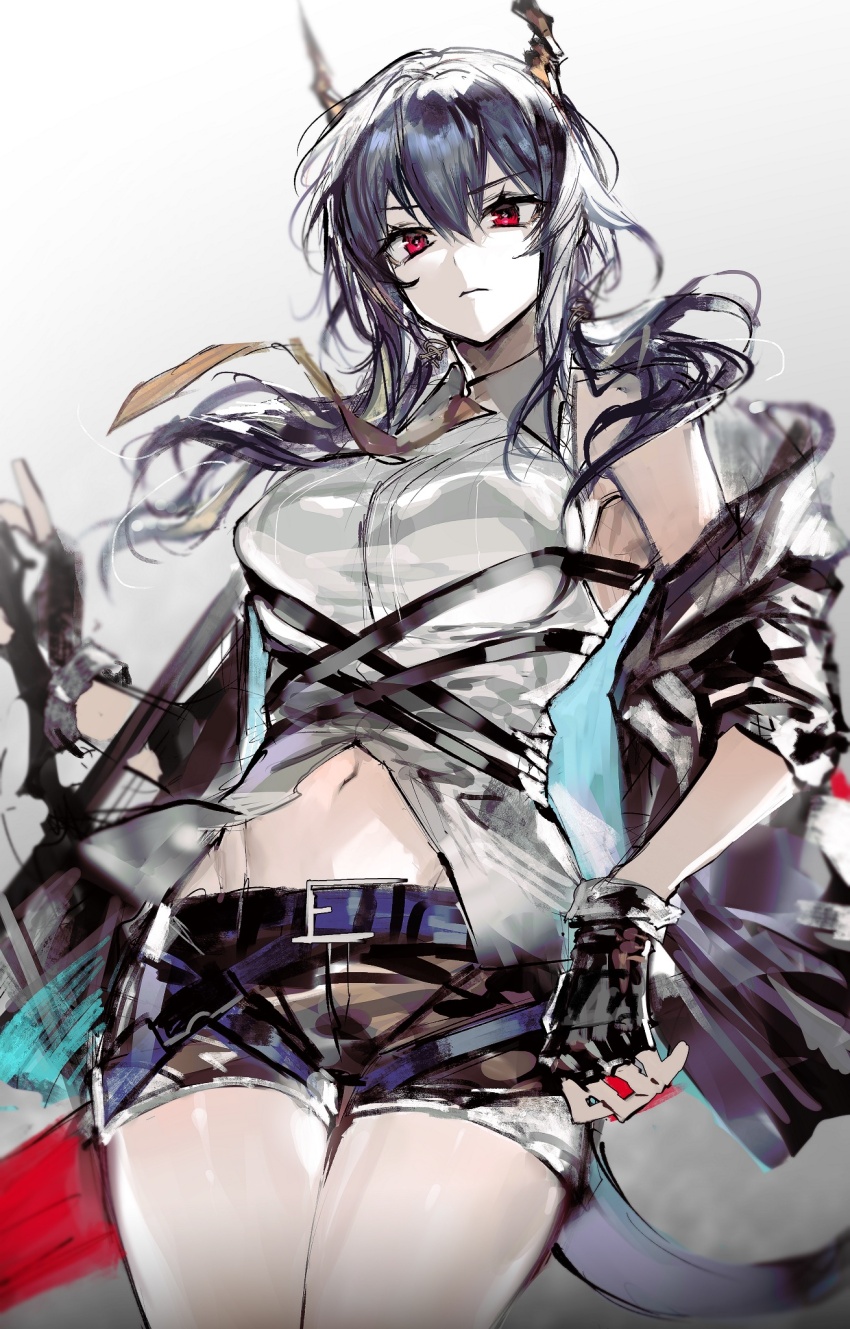 1girl arknights armpits bare_shoulders belt black_belt black_gloves black_jacket black_shorts blue_hair breasts ch&#039;en_(arknights) ch&#039;en_(elite_ii)_(arknights) closed_mouth cowboy_shot dragon_horns elite_ii_(arknights) fingerless_gloves gloves highres horns jacket large_breasts long_hair long_sleeves looking_at_viewer navel necktie off_shoulder red_eyes remsrar shirt short_shorts shorts sleeveless sleeveless_shirt solo white_shirt yellow_necktie