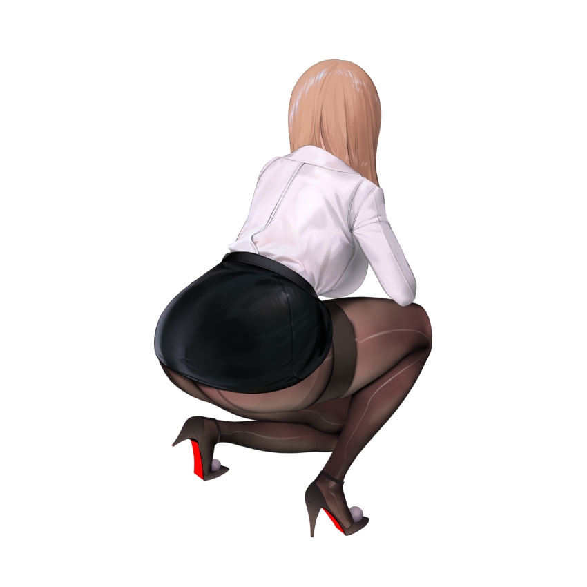 1girl absurdres ass between_breasts blonde_hair blush breasts cleavage collared_shirt dress_shirt emma_(nikke) emma_(office_therapy)_(nikke) full_body goddess_of_victory:_nikke high_heels highres huge_breasts hyulla large_breasts long_hair looking_at_viewer office_lady official_art open_mouth pantyhose pencil_skirt s shirt skirt solo squatting white_shirt