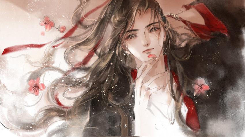 1boy alternate_hairstyle bishounen black_hair black_hanfu brown_hair chinese_clothes closed_mouth faux_traditional_media flower grey_eyes hair_ribbon half_updo hand_up hanfu high_ponytail holding holding_petal ink_wash_painting kcllzas163 light_particles long_hair long_sleeves looking_at_viewer lying male_focus modao_zushi on_back petals pink_flower pink_petals ponytail red_ribbon ribbon robe smile solo third-party_source upper_body wei_wuxian