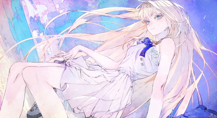 1girl blonde_hair blue_eyes crymachina dress dress_flower enoa_(crymachina) flower flower_ornament halo looking_at_viewer ocean official_art rose second-party_source shoes sky smile solo toi8 white_dress white_flower white_rose