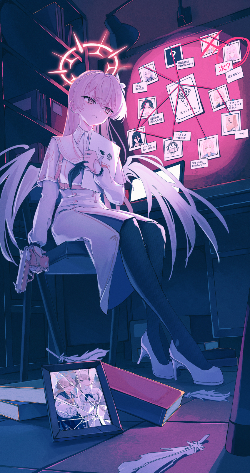 1girl absurdres azusa_(blue_archive) black_neckerchief black_pantyhose blue_archive book bookshelf broken_picture_frame brown_eyes brown_hair chair chest_harness commentary_request computer desk dress faust_(blue_archive) feathers flower gun hair_flower hair_ornament halo hanako_(blue_archive) handgun harness hasumi_(blue_archive) hifumi_(blue_archive) high_heels highres holding holding_gun holding_weapon koharu_(blue_archive) laptop long_hair mika_(blue_archive) nagisa_(blue_archive) neckerchief pantyhose paranoid photo_(object) red_halo seia_(blue_archive) sitting solo string_chart tile_floor tiles translation_request trinity_general_school_logo walther walther_ppk weapon white_dress white_feathers white_footwear white_wings wings yodistira404