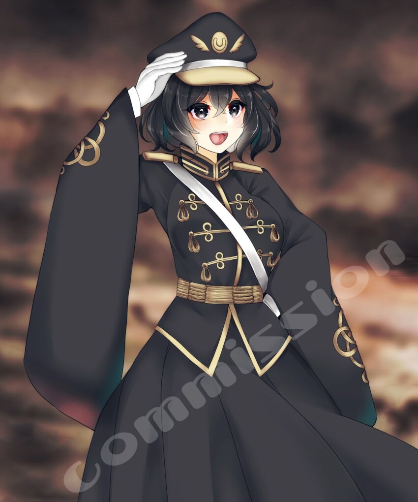 1girl alternate_costume black_eyes black_hair commission epaulettes hat highres jacket len&#039;en long_sleeves military military_hat military_jacket military_uniform ougi_hina peaked_cap senri_tsurubami short_hair smile solo wide_sleeves