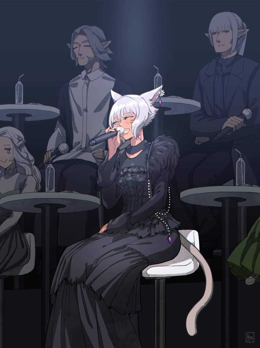 absurdres animal_ears archon_mark black_dress blue_eyes cat_ears cat_tail closed_eyes commentary dark-skinned_female dark_skin dress earrings elezen elf estinien_varlineau facial_mark final_fantasy final_fantasy_xiv grey_eyes grey_hair highres hjz_(artemi) holding holding_microphone jewelry microphone miqo&#039;te photo-referenced pointy_ears short_hair sitting tail urianger_augurelt venat_(ff14) voice_actor_connection whisker_markings white_hair y&#039;shtola_rhul