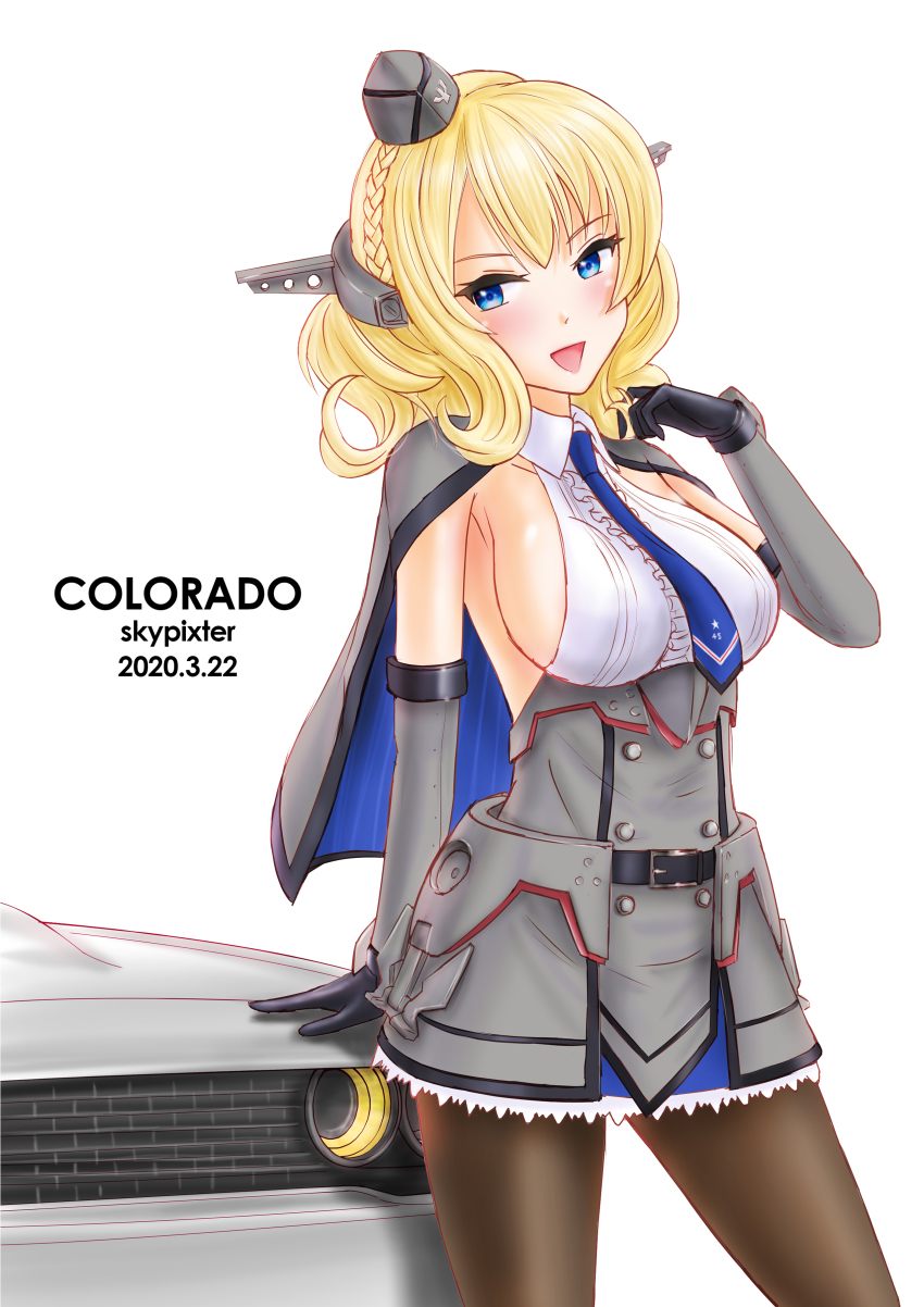 1girl absurdres artist_name black_gloves black_pantyhose blonde_hair blouse blue_eyes blue_necktie braid breasts capelet car character_name colorado_(kancolle) commentary_request cowboy_shot dated dodge_(company) dodge_challenger dodge_challenger_(3rd_generation) dress elbow_gloves female_focus garrison_cap gloves grey_dress grey_hat hat headgear highres kantai_collection large_breasts motor_vehicle necktie pantyhose pleated_dress shirt short_hair side_braid side_braids sideboob single_braid skypixter sleeveless solo white_background white_shirt