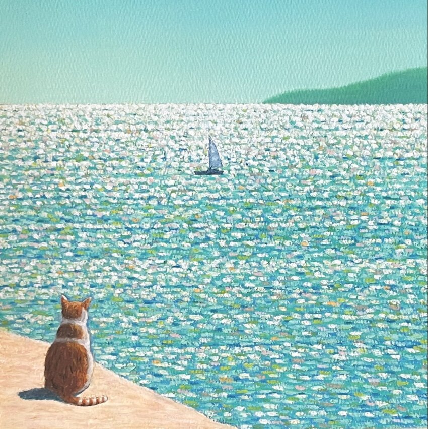 blue_sky cat day highres keitatsujia no_humans ocean original painting_(medium) reflection reflective_water sail shore sitting sky traditional_media water yacht