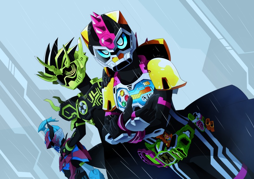 absurdres armor bakusou_bike_level_0 belt highres kamen_rider kamen_rider_brave kamen_rider_chronicle kamen_rider_cronus kamen_rider_ex-aid kamen_rider_ex-aid_(series) kamen_rider_lazer kamen_rider_lazer_turbo multiple_boys otokamu taddle_fantasy_level_50