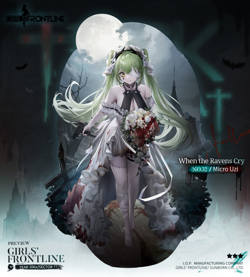 1girl :q bandage_over_one_eye bandaged_arm bandaged_head bandaged_leg bandages bare_shoulders bare_tree barefoot blood blood_on_clothes bloody_clothes bloody_dress bouquet breasts brick_floor building burnt_clothes character_name choker cleavage closed_mouth colored_skin commentary copyright_name dress english_commentary english_text feet fence flower foliage full_body full_moon girls&#039;_frontline green_hair grey_skin gun halloween halloween_costume halterneck highres holding holding_bouquet holding_gun holding_weapon iron_fence large_breasts long_hair looking_at_viewer micro_uzi micro_uzi_(girls&#039;_frontline) micro_uzi_(when_the_ravens_cry)_(girls&#039;_frontline) moon multicolored_skin o-ring o-ring_choker official_alternate_costume official_art pale_skin patchwork_skin path promotional_art road rose second-party_source shell_casing sky-freedom solo standing star_(symbol) stitches submachine_gun teardrop_facial_mark thigh_strap toes tongue tongue_out tree trick_or_treat trigger_discipline twintails very_long_hair weapon white_dress white_flower white_headdress white_rose white_skin yellow_eyes