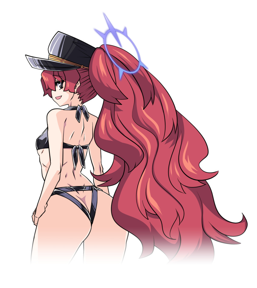 1girl alternate_ass_size alternate_costume ass bikini black_bikini blue_archive butt_crack fluffy_hair from_behind halo hat highres iroha_(blue_archive) lazy_ant military_hat peaked_cap purple_halo red_hair simple_background solo swimsuit wavy_hair white_background