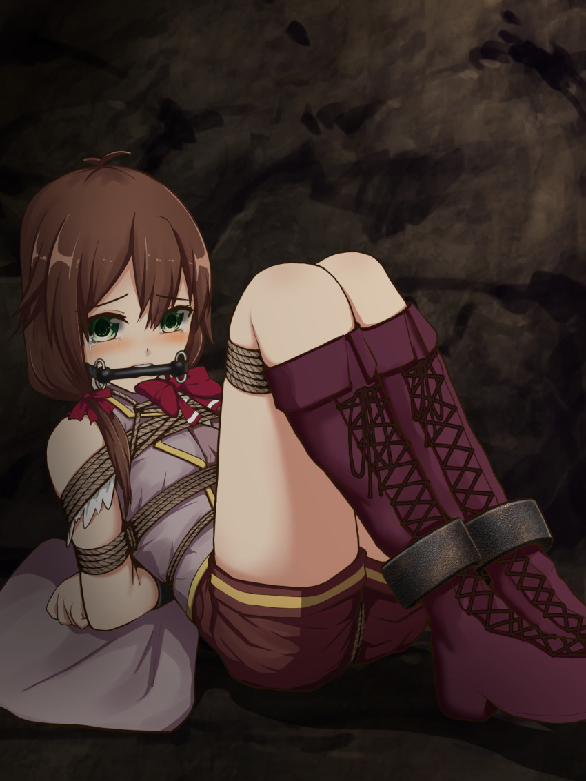 1girl bdsm bit_gag bondage bound bound_ankles bound_legs brown_hair femuto gag gagged genjitsu_shugi_yuusha_no_oukoku_saikenki highres rope roroa_amidonia shibari shibari_over_clothes slave solo tears thighs variant_set