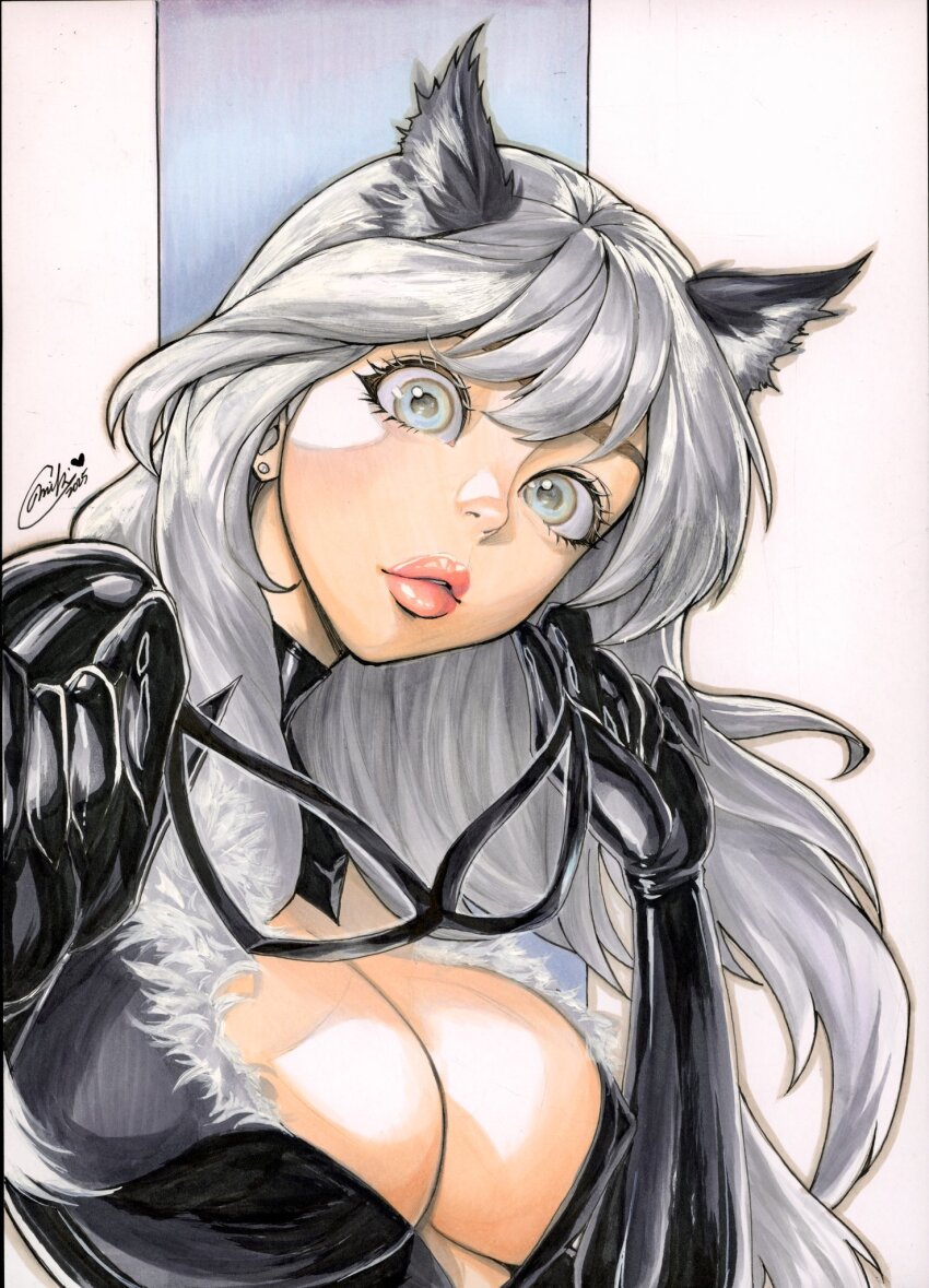 1girl animal_ears black_bodysuit black_cat_(marvel) bodysuit breasts cat_ears cleavage earrings fur_trim grey_eyes highres jewelry large_breasts lipstick long_hair makeup marvel miki_okazaki signature solo white_hair