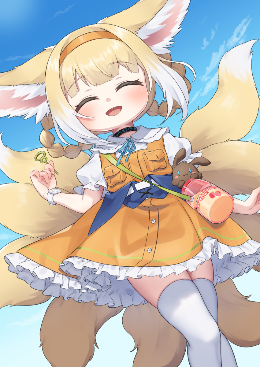 1girl absurdres animal_ears arknights blonde_hair blue_background blue_ribbon braid bubble_wand choshanland_plushy_(arknights) closed_eyes cloud collared_shirt commission commissioner_upload day dress flower fox_ears fox_girl frilled_dress frills hair_rings highres holding infection_monitor_(arknights) kitsune kokone_(coconeeeco) kyuubi looking_at_viewer multicolored_hair multiple_tails neck_ribbon non-web_source open_mouth orange_dress outdoors parted_lips pink_flower puffy_short_sleeves puffy_sleeves ribbon shirt short_sleeves sidelocks skeb_commission skindentation sleeveless sleeveless_dress solo standing stuffed_animal stuffed_rabbit stuffed_toy suzuran_(arknights) suzuran_(let&#039;s_carnival!)_(arknights) tail thighhighs twin_braids two-tone_hair white_flower white_hair white_shirt white_thighhighs