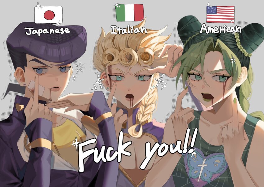 1girl 2boys argyle_clothes argyle_sweater black_hair blonde_hair blue_eyes braid bun_with_braided_base commentary_request diamond_wa_kudakenai double_bun earrings family gakuran giorno_giovanna green_eyes green_hair green_lips hair_bun higashikata_josuke highres jewelry jojo_no_kimyou_na_bouken kuujou_jolyne makeup middle_finger midriff multicolored_hair multiple_boys polka_dot polka_dot_hair pompadour school_uniform spider_web_print stone_ocean sweater two-tone_hair vento_aureo zun_doko_beroncho