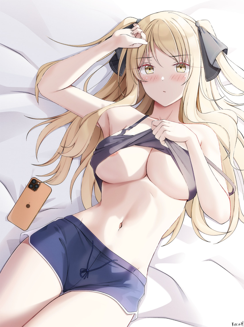 1girl ao_no_kanata_no_four_rhythm areola_slip arm_up artist_name bad_id bad_pixiv_id bare_arms black_shirt blonde_hair blue_shorts blush breasts cellphone closed_mouth clothes_lift crop_top drawstring expressionless hand_on_own_head highres keenh large_breasts lifting_own_clothes looking_at_viewer lying navel no_bra on_back on_bed phone satouin_reiko shirt shirt_lift short_shorts shorts sleeveless smartphone solo spaghetti_strap stomach strap_slip tank_top two_side_up underboob